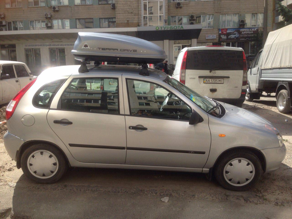 Багажник Amos Koala Stl и бокс Terra Drive-320 (серый) на Lada Kalina