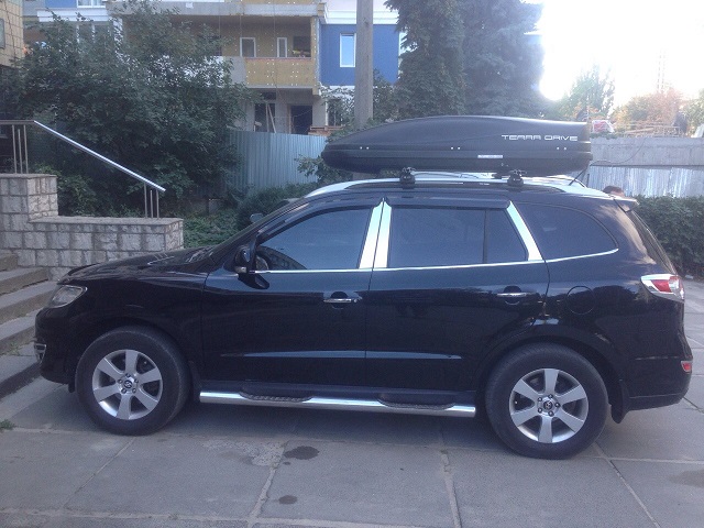 Багажник CarStyle Rails с поперечинами StreamStyle и бокс Terra Drive-480 (черный) на Hyundai SantaFe