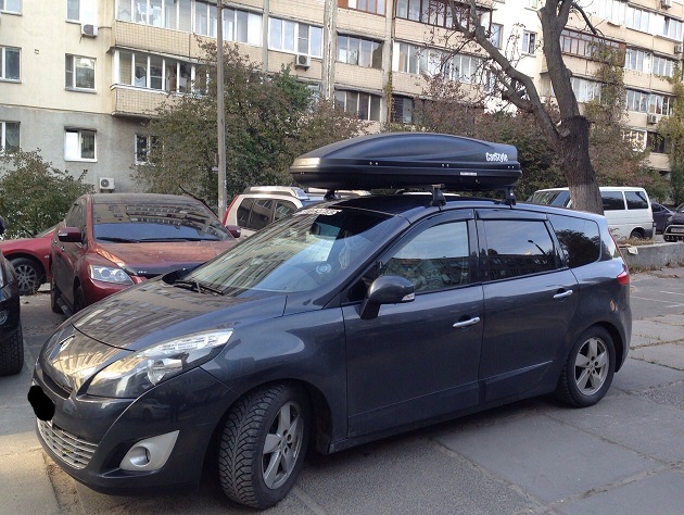 Багажник Amos Koala Stl и бокс Terra Drive-480 (черный) на Renault Scenic