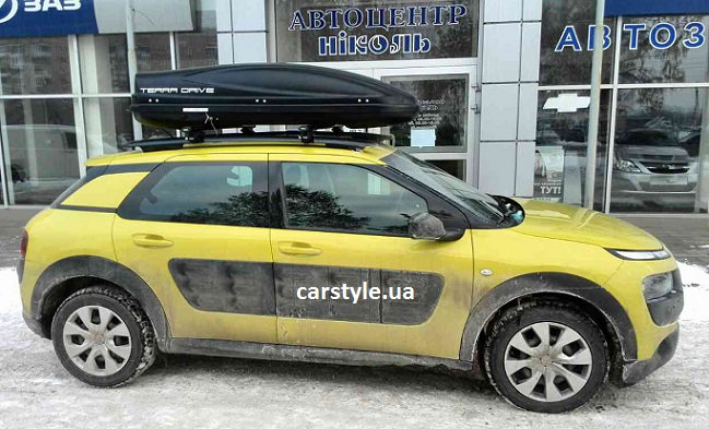 Багажник CarStyle Straps Aero Black и бокс Terra Drive-480 (черный) на Citroen C4 Cactus