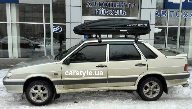 Багажник Amos Uni Stl и бокс Terra Drive-480 (черный) на Lada Samara